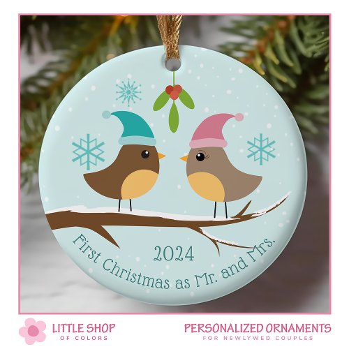 First Christmas Married Love Birds Photo Ceramic Ornament