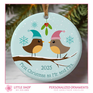 First Christmas Married Love Birds Photo Ceramic Ornament