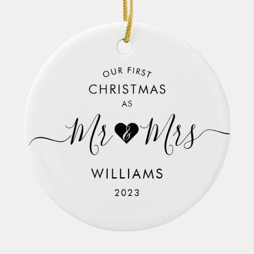 First Christmas Married Minimal Mr and Mrs Photo Ceramic Ornament