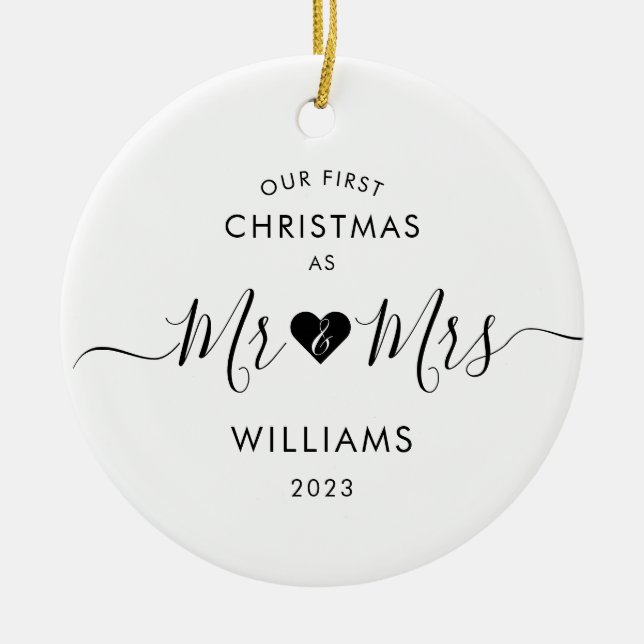 First Christmas Married Minimal Mr and Mrs Photo Ceramic Ornament (Front)