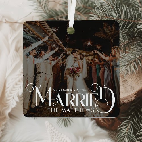 First Christmas Married Minimal Typography Photo Metal Ornament