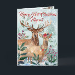 "First Christmas Married" Modern Floral Watercolor Holiday Card<br><div class="desc">"Merry First Christmas Married" is a Christmas Winter Snowy Scene with a Buck and Doe. She is adorned with Christmas Floral Headpiece and Necklace. They live amongst the fir trees, foliage and berries, creating a Magical Woodlands Christmas backdrop. Each element is carefully hand painted in watercolors and individually placed. Popular...</div>