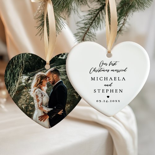 First Christmas Married Modern Minimalist Photo Ceramic Ornament