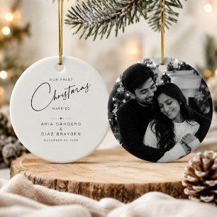 First Christmas Married Modern Newlywed Photo Ceramic Ornament
