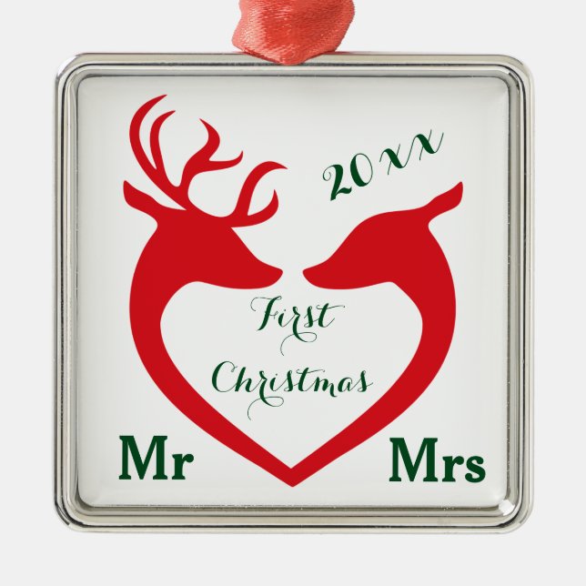 First Christmas Married Mr and Mrs Heart Deer Metal Ornament (Front)