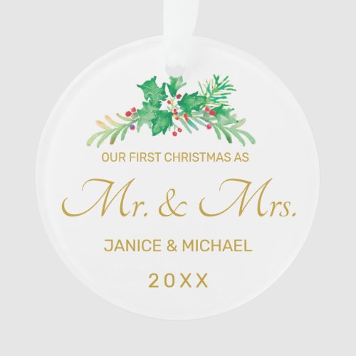 First Christmas Married Mr and Mrs Photo Holly Ornament