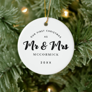First Christmas Married Mr And Mrs Script Name Ceramic Ornament