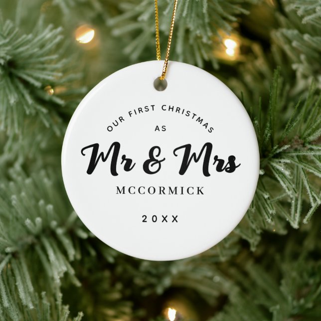 First Christmas Married Mr And Mrs Script Name Ceramic Ornament (Tree)