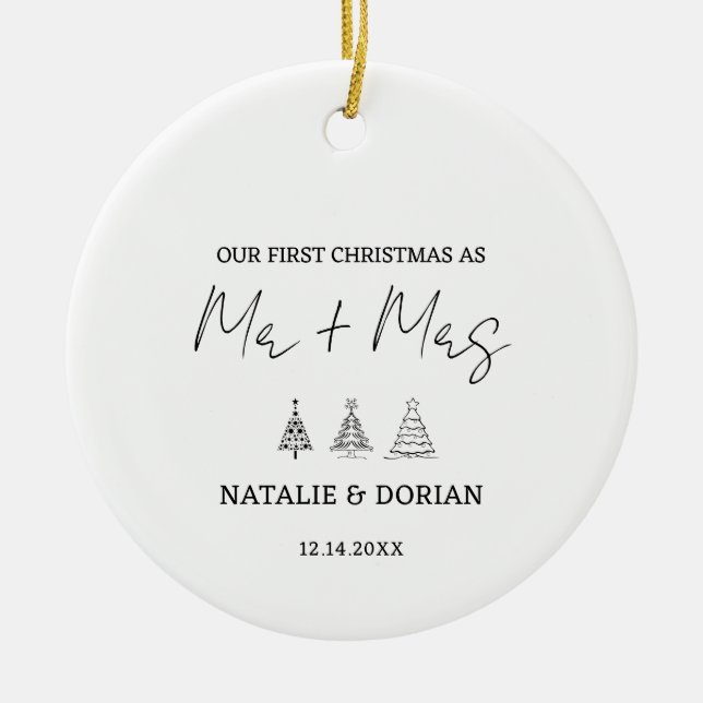 First Christmas Married Mr and Mrs Tree Christmas Ceramic Ornament (Front)
