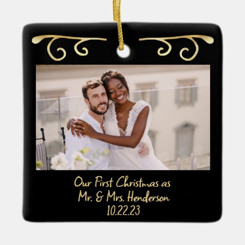 First Christmas Married Mr Mr 2 Photo Black Gold Ceramic Ornament
