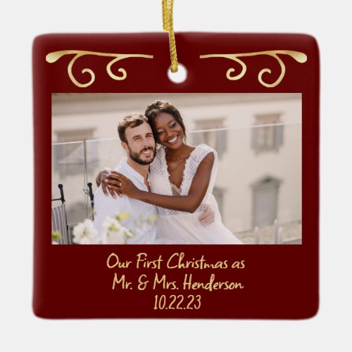 First Christmas Married Mr Mrs 2 Photo Black Gold Ceramic Ornament