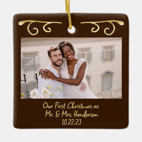 First Christmas Married Mr Mrs 2 Photo Brown Gold Ceramic Ornament