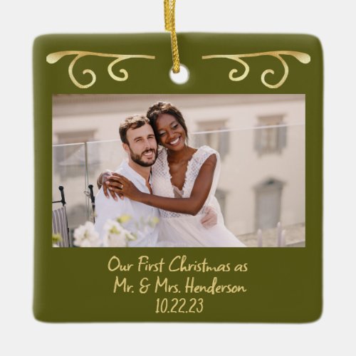 First Christmas Married Mr Mrs 2 Photo Olive Gold Ceramic Ornament