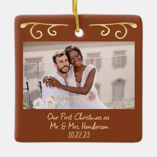 First Christmas Married Mr Mrs 2 Photo Rust Gold Ceramic Ornament