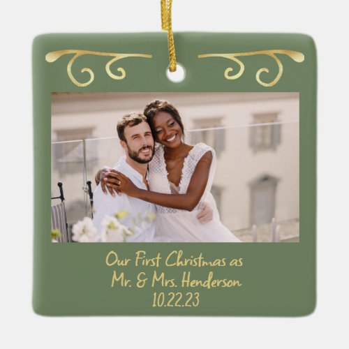 First Christmas Married Mr Mrs 2 Photo Sage Gold Ceramic Ornament