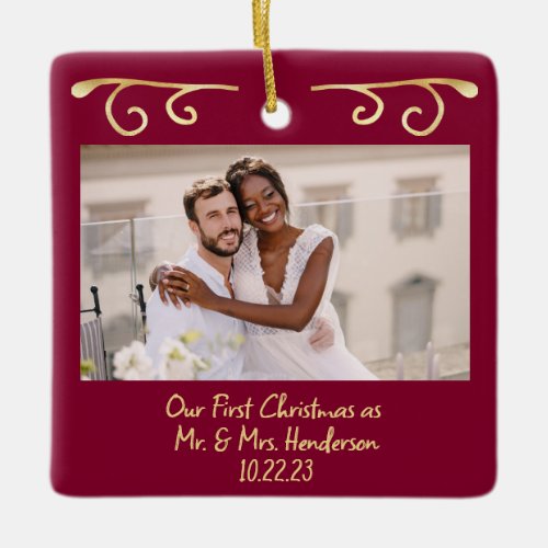 First Christmas Married Mr Mrs 2 Photo Wine Gold Ceramic Ornament