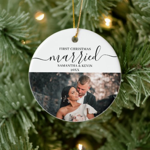 First Christmas Married Mr Mrs Couple Names Photo  Ceramic Ornament