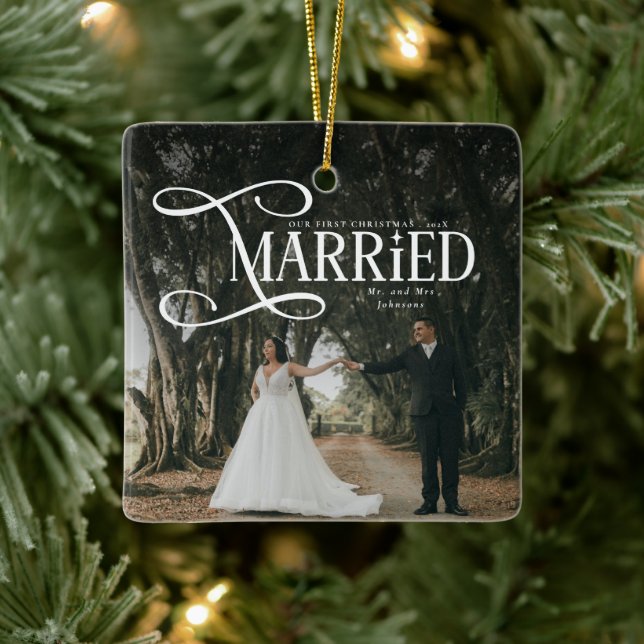 First Christmas Married Mr & Mrs Couples Photo  Ceramic Ornament (Tree)
