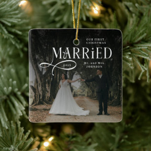First Christmas Married Mr & Mrs Couples Photo  Ceramic Ornament