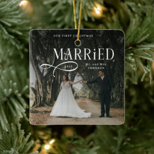 First Christmas Married Mr & Mrs Couples Photo  Ceramic Ornament
