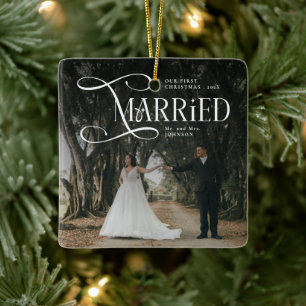 First Christmas Married Mr & Mrs Couples Photo Ceramic Ornament