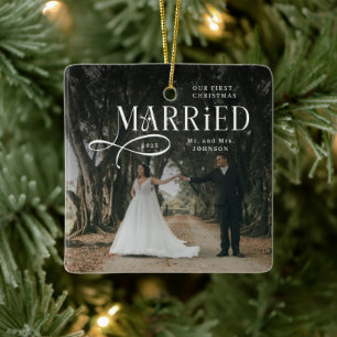 First Christmas Married Mr & Mrs Couples Photo Ceramic Ornament