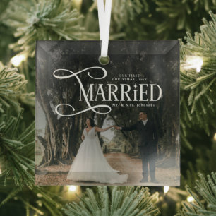 First Christmas Married Mr & Mrs Couples Photo  Glass Ornament