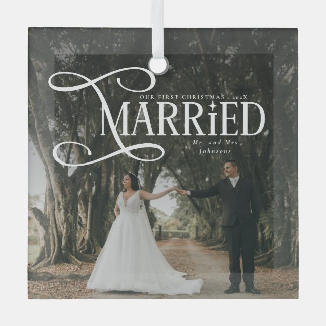 First Christmas Married Mr & Mrs Couples Photo  Glass Ornament (Front)