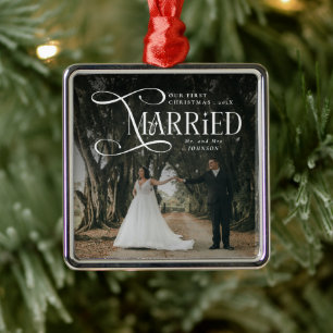First Christmas Married Mr & Mrs Couples Photo Metal Ornament