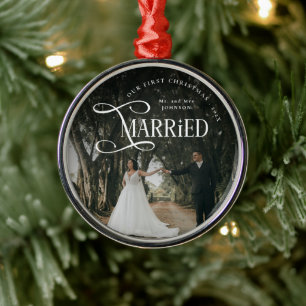 First Christmas Married Mr & Mrs Couples Photo Metal Ornament
