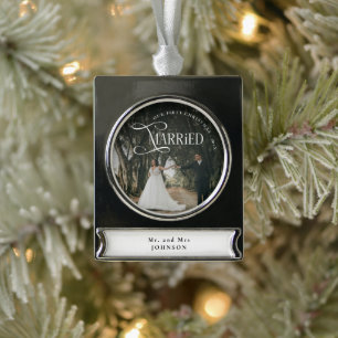First Christmas Married Mr & Mrs Couples Photo Silver Plated Banner Ornament