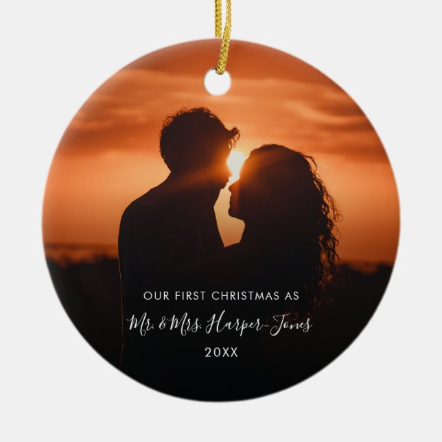 First Christmas Married Mr & Mrs Photo Ceramic Ornament (Front)