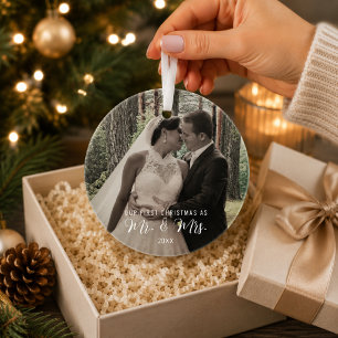 First Christmas Married Mr & Mrs Photo Glass Ornament