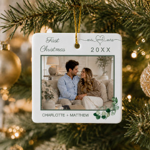 First Christmas married Mr Mrs photo greenery Ceramic Ornament
