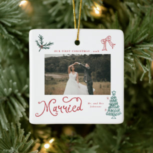 First Christmas Married Mr & Mrs Photo Whimsical Ceramic Ornament