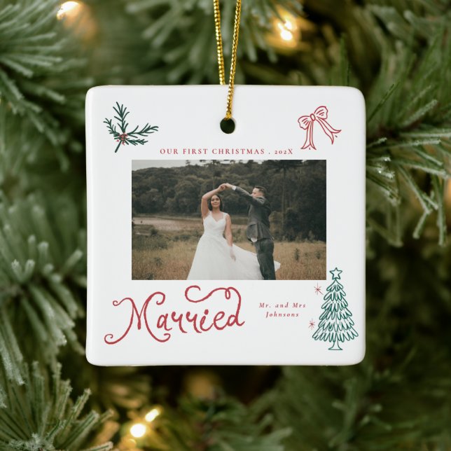 First Christmas Married Mr & Mrs Photo  Whimsical Ceramic Ornament (Tree)