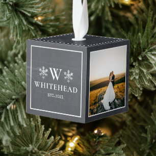 First Christmas Married Multi Photo Monogram Cube Ornament