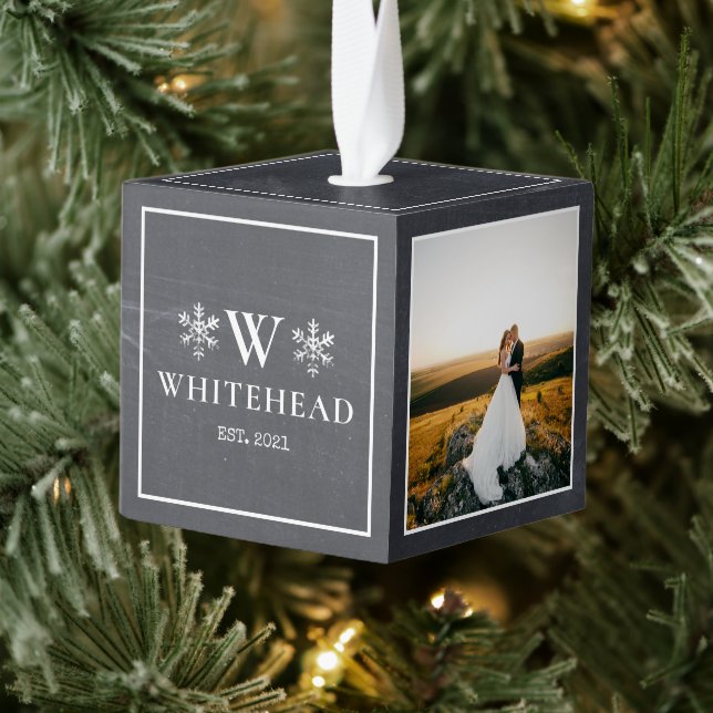 First Christmas Married Multi Photo Monogram  Cube Ornament (Tree)