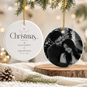 First Christmas Married Newlywed Minimalist Photo Ceramic Ornament