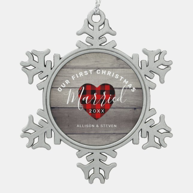 First Christmas Married Newlywed Rustic Names Snowflake Pewter Christmas Ornament (Front)