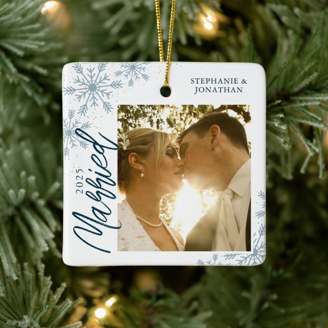 First Christmas Married Newlyweds Photo Ceramic Ornament (Tree)