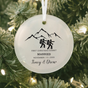 First Christmas Married Outdoorsy Mountain Hiking Glass Ornament