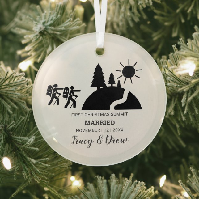 First Christmas Married Outdoorsy Mountain Hiking Glass Ornament (Insitu)