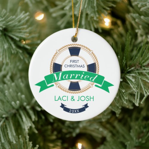 First Christmas Married Personalized Nautical Ceramic Ornament