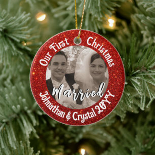 First Christmas Married Personalized Red Glitter Ceramic Ornament