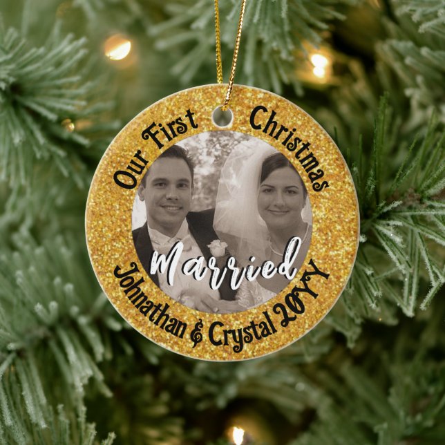 First Christmas Married Personalized Red Glitter Ceramic Ornament (Tree)