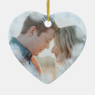 First Christmas Married Photo Blue Snowflakes Ceramic Ornament