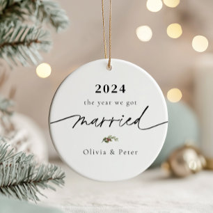 First Christmas Married Photo Ceramic Ornament