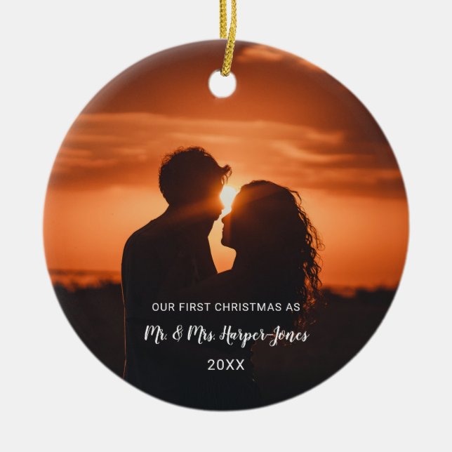 First Christmas Married Photo Ceramic Ornament (Front)