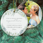 First Christmas Married Photo Christian Ceramic Ornament<br><div class="desc">This Christian, First Christmas Married ornament features beautiful, white watercolor flowers and eucalyptus greenery the Bible Verse Song of Solomon 3:4 (I have found the one whom my soul loves). On the reverse side there is room for a wedding photo. Created as part of my elegant Chloe wedding collection. Be...</div>